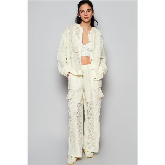 POL Exposed Seam Button Down Hooded Jacket with Lace Detail - Picture 5 of 7